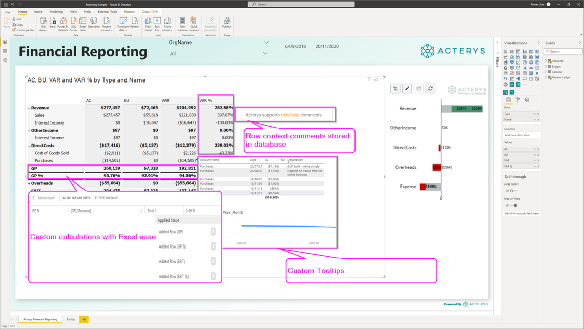 Darstellung Acterys Financial Reporting Power BI Visual